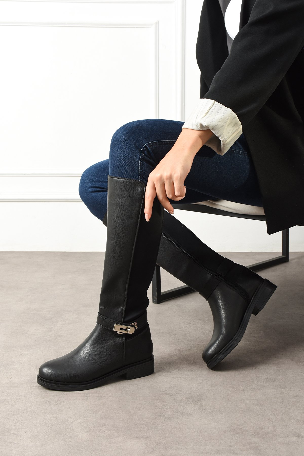 Kadın Uzun Çizme Tokalı Fermualı Streç Konçlu Diz Altı - Görsel 4