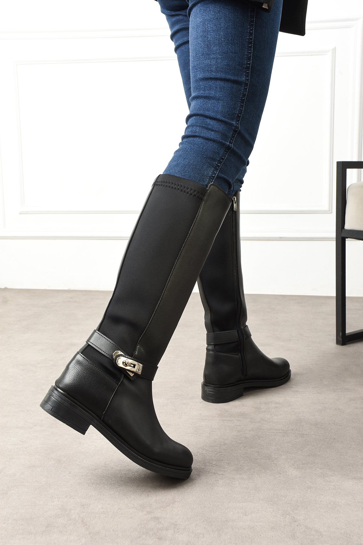 Kadın Uzun Çizme Tokalı Fermualı Streç Konçlu Diz Altı - Görsel 5