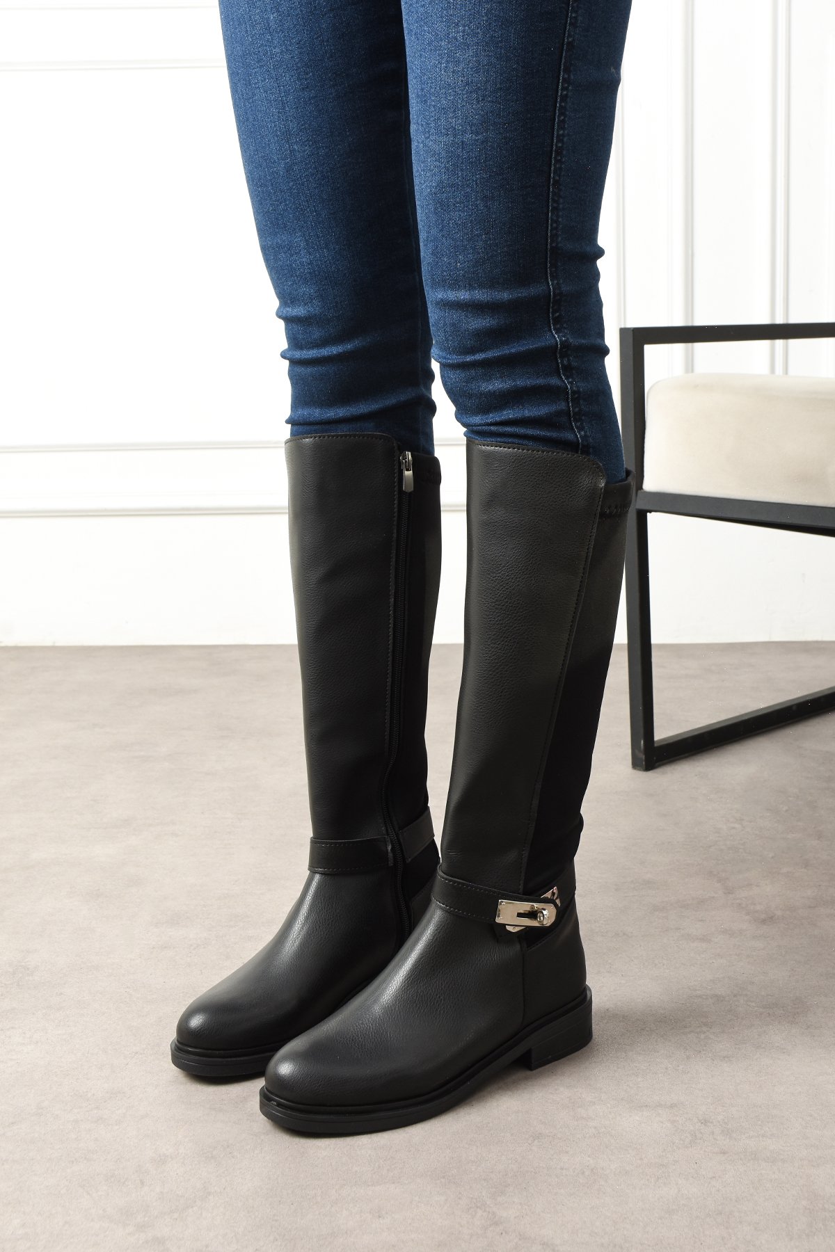 Kadın Uzun Çizme Tokalı Fermualı Streç Konçlu Diz Altı - Görsel 6